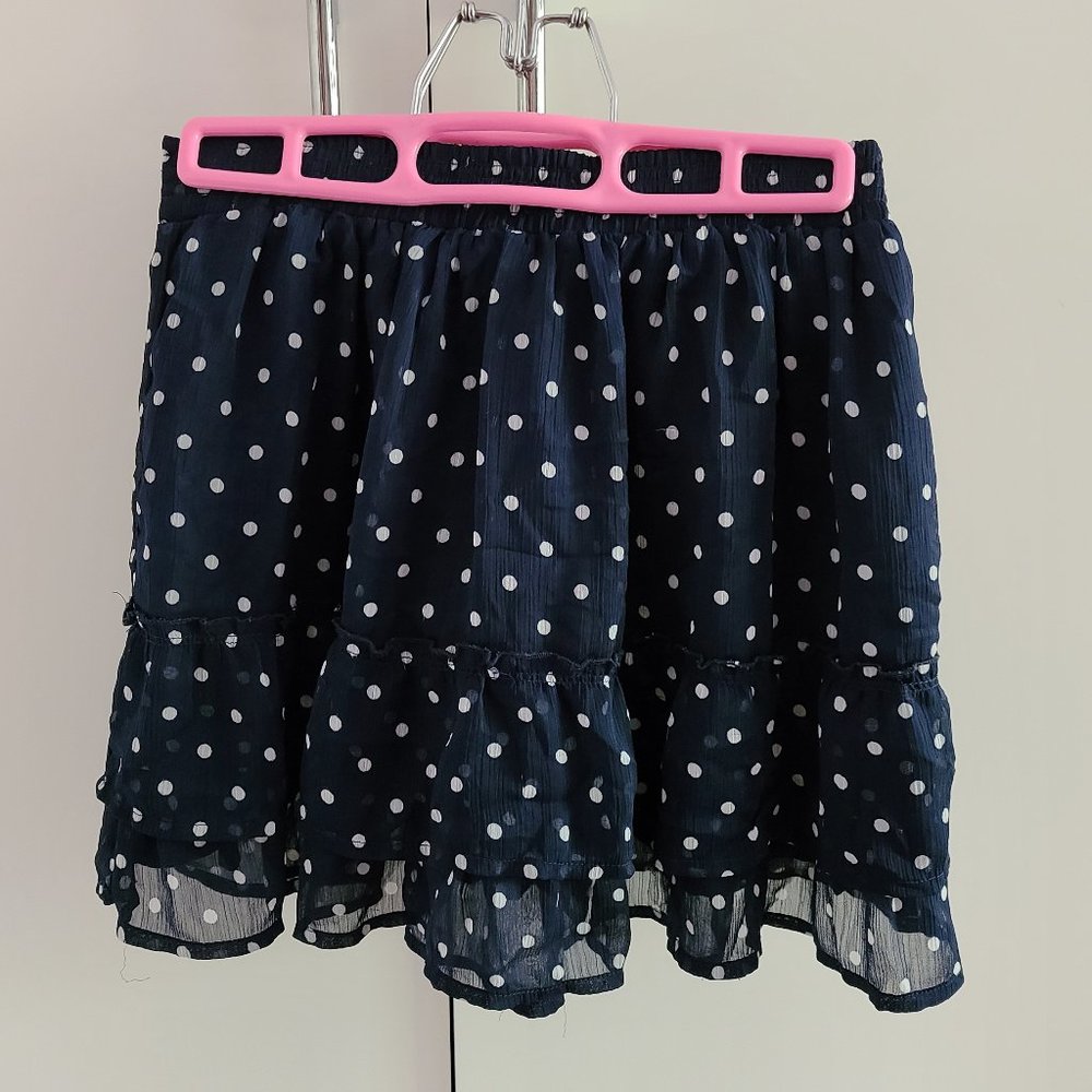 Navy and white polka dot elastic tiered mini skirt